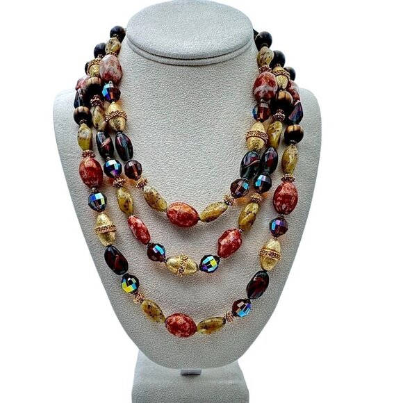 Trifari Womens Necklace 3 Strand Glass Bead Gold Multicolor Necklace Vintage